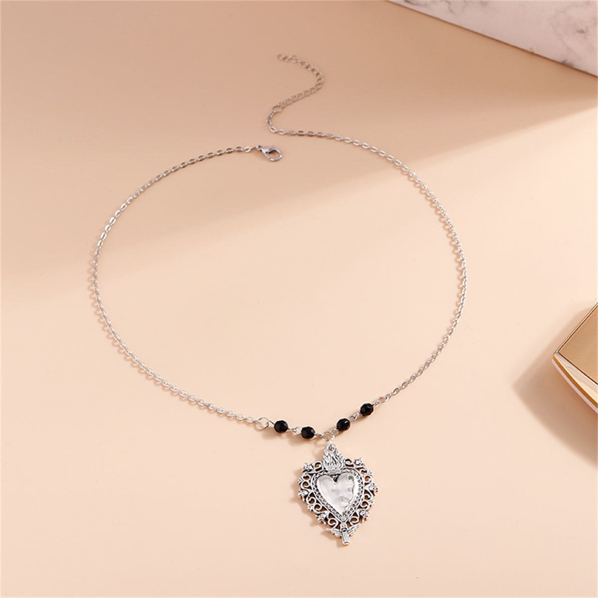 Black Acrylic & Silvertone Floral Heart Pendant Necklace