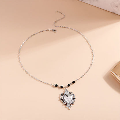Black Acrylic & Silvertone Floral Heart Pendant Necklace