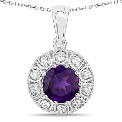 Genuine Amethyst and Lab Diamond Silver Halo Necklace