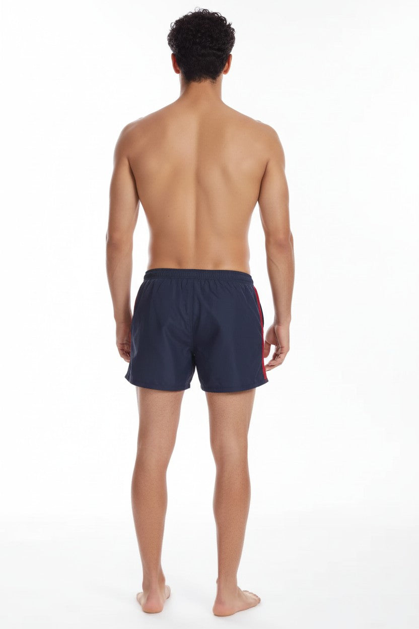 Christian Audigier Deep Solid Blue Low Waist Swim Shorts with Side Stripes BMS6190007M