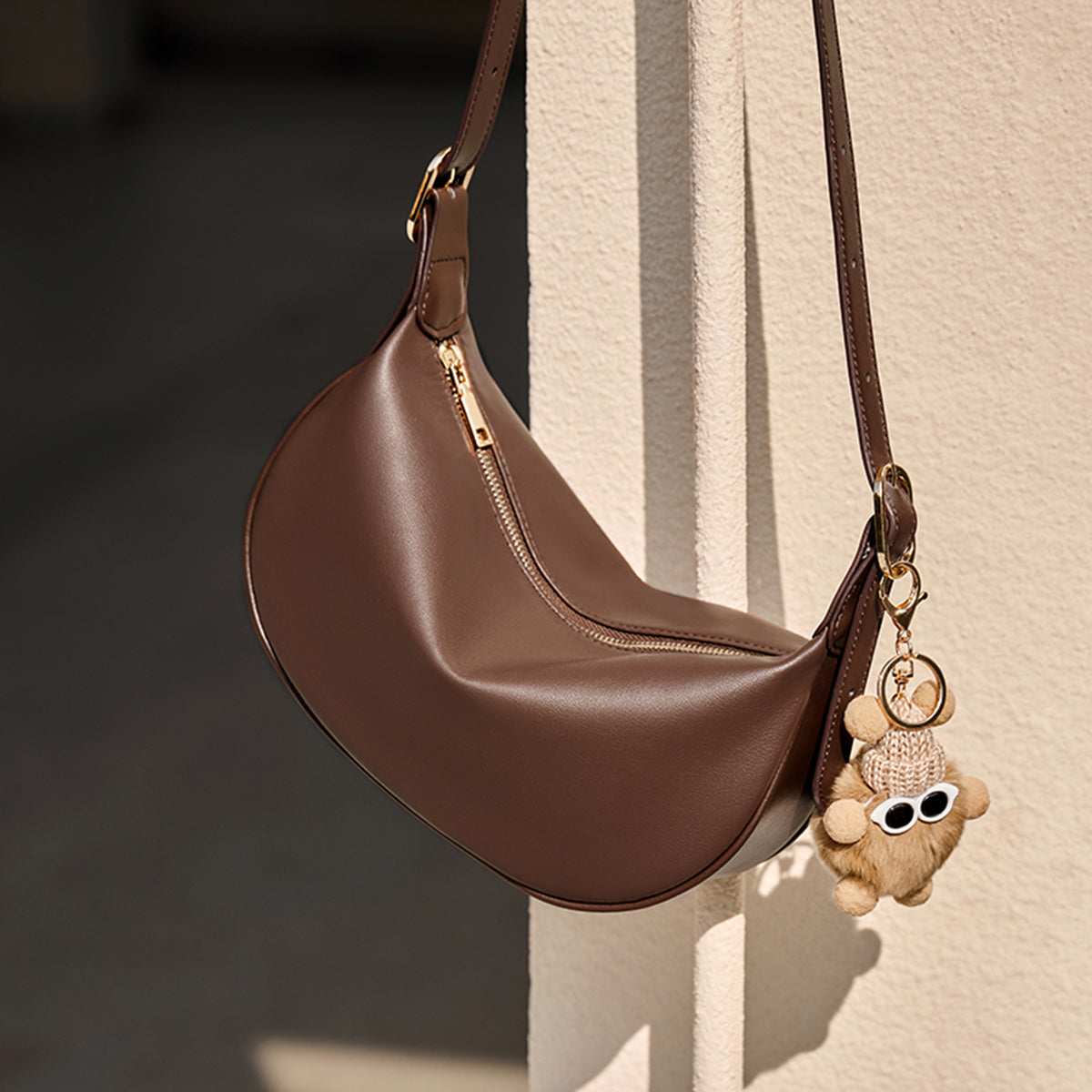 Crescent Leather Crossbody Shoulder Bag with Bear Charm