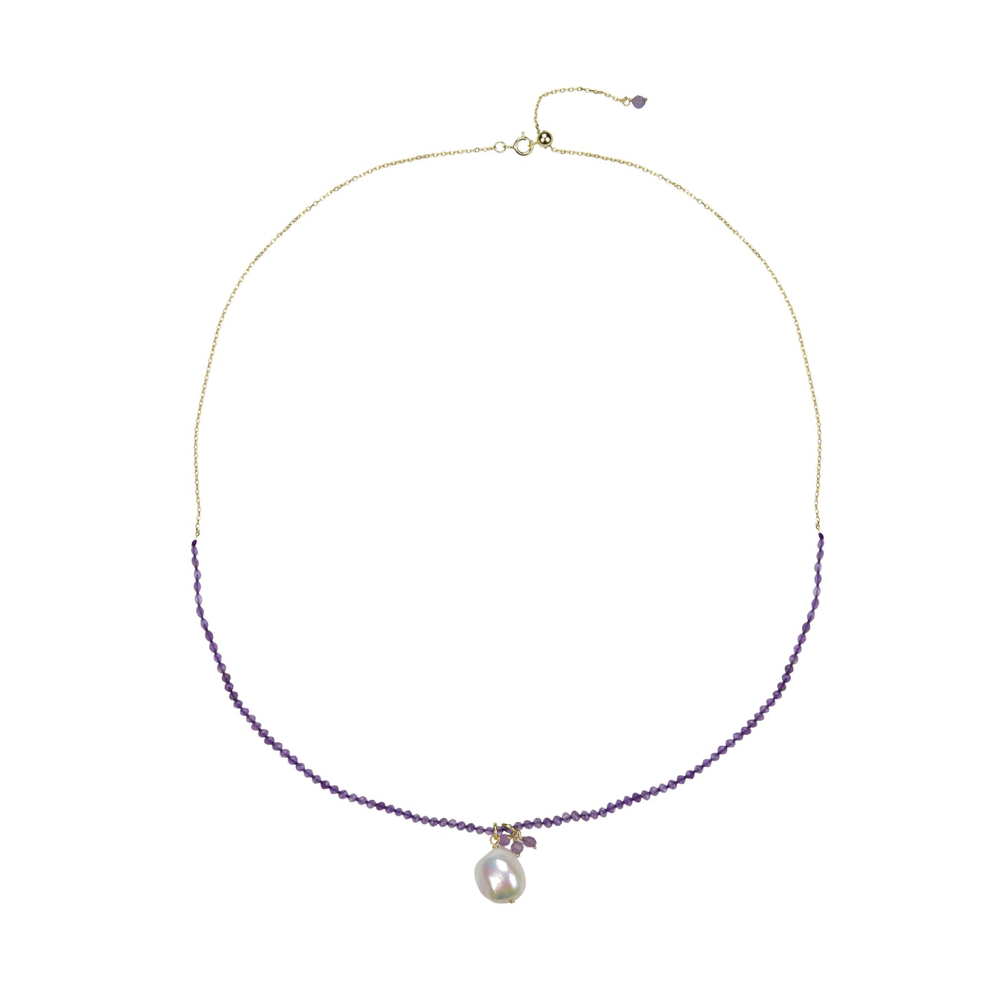 18K Plated Sterling Silver Natural Amethyst and Freshwater Pearl Beaded Necklace