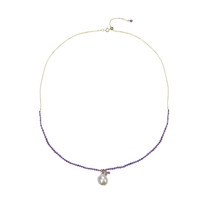 18K Plated Sterling Silver Natural Amethyst and Freshwater Pearl Beaded Necklace