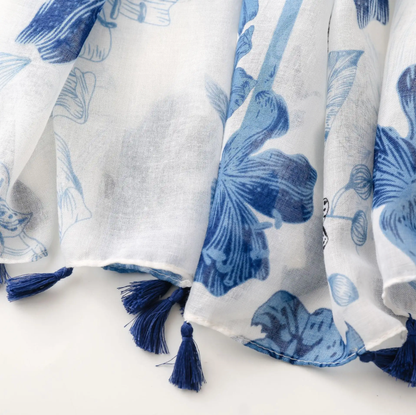 Blue and White Tropical Flower Scarf