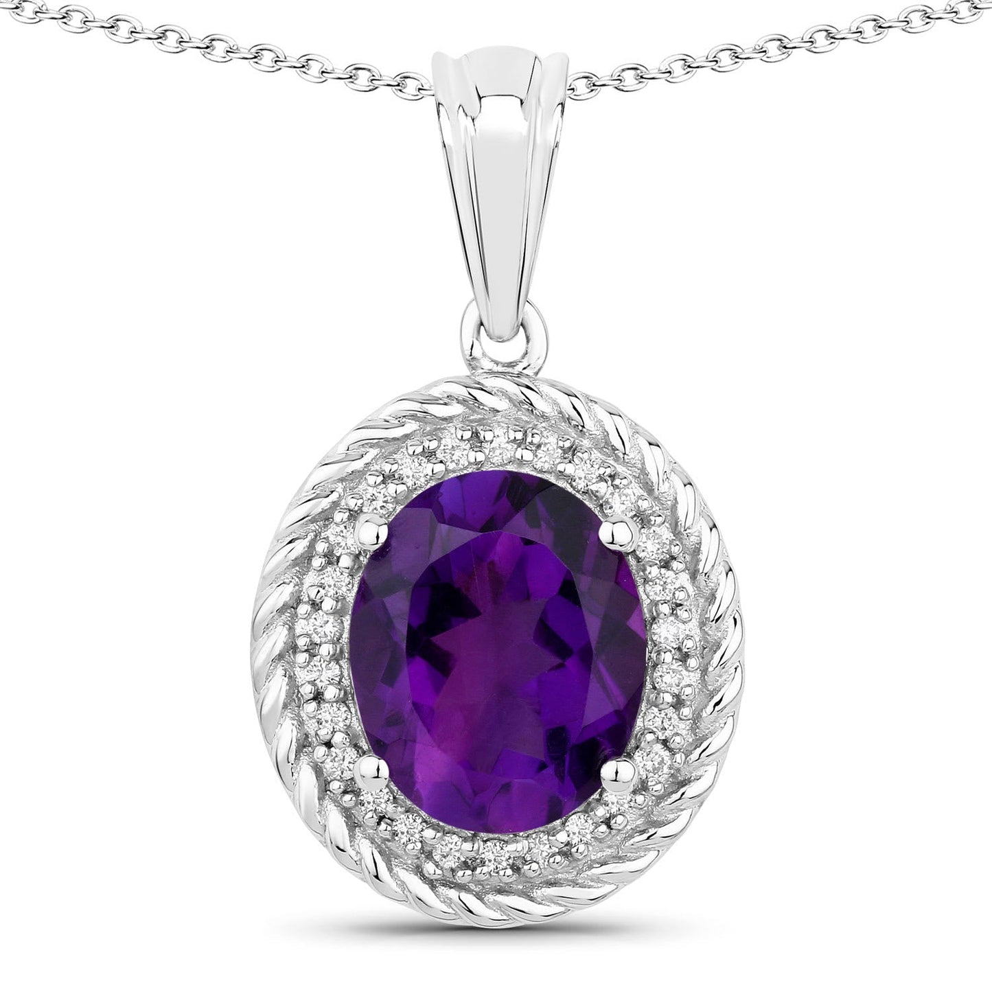 Genuine Amethyst and Lab Diamond Silver Oval Halo Necklace