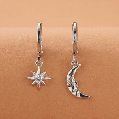 Cubic Zirconia & Silvertone Sun & Moon Asymmetrical Huggie Earrings