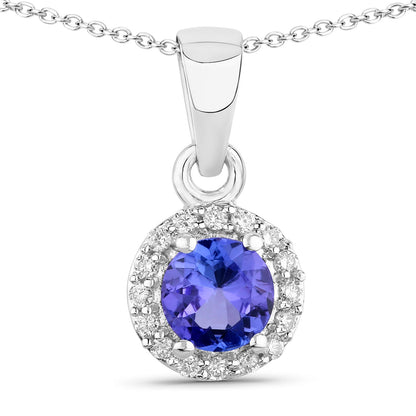 Genuine Tanzanite and Lab Diamond Silver Round Halo Necklace