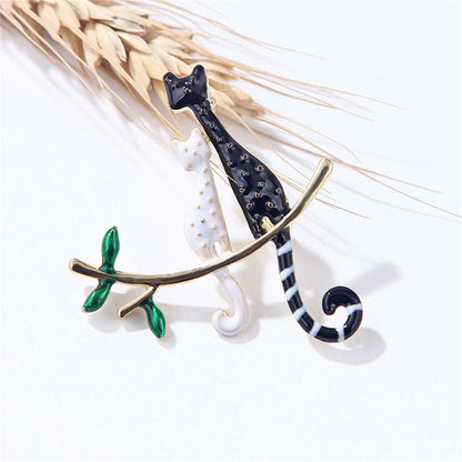 Black & White Enamel Goldtone Double Spotted Cat Brooch