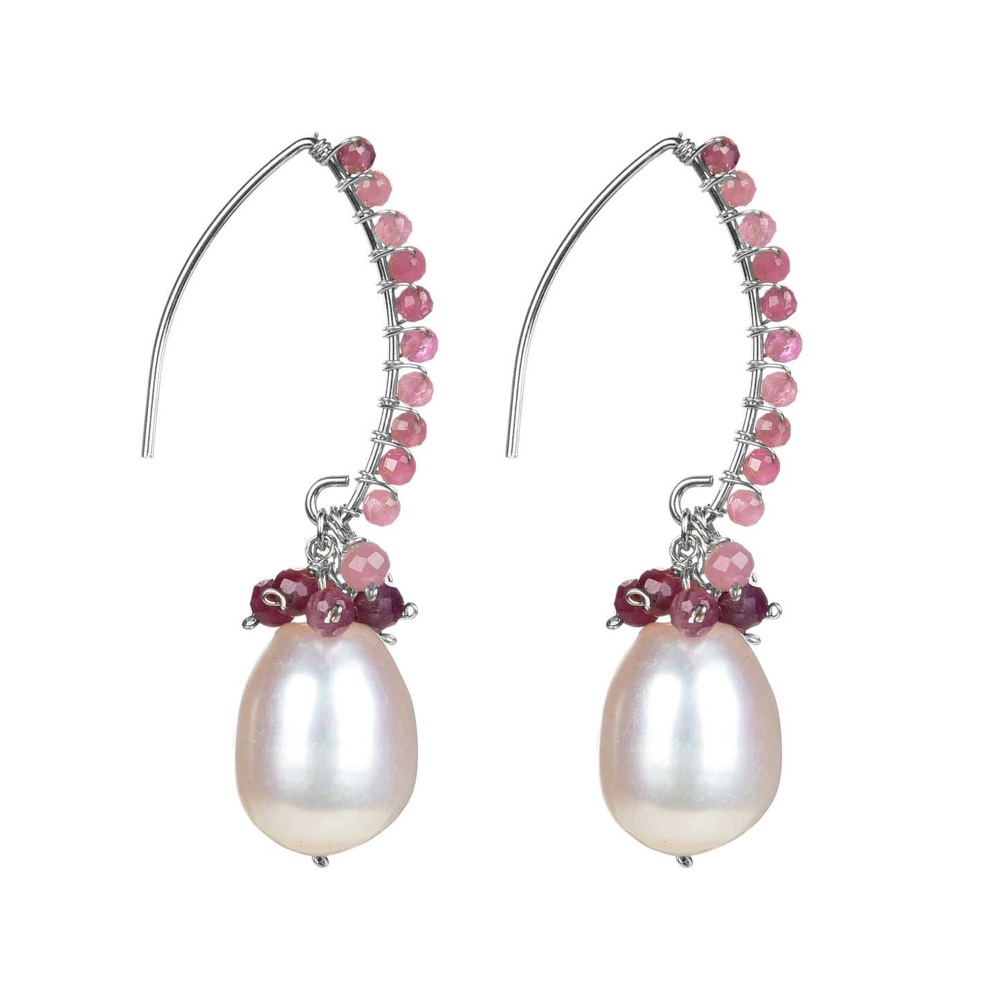 Freshwater Pearl and Natural Pink Tourmoline Sterling Silver Dangle Earring