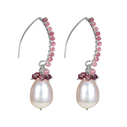 Freshwater Pearl and Natural Pink Tourmoline Sterling Silver Dangle Earring