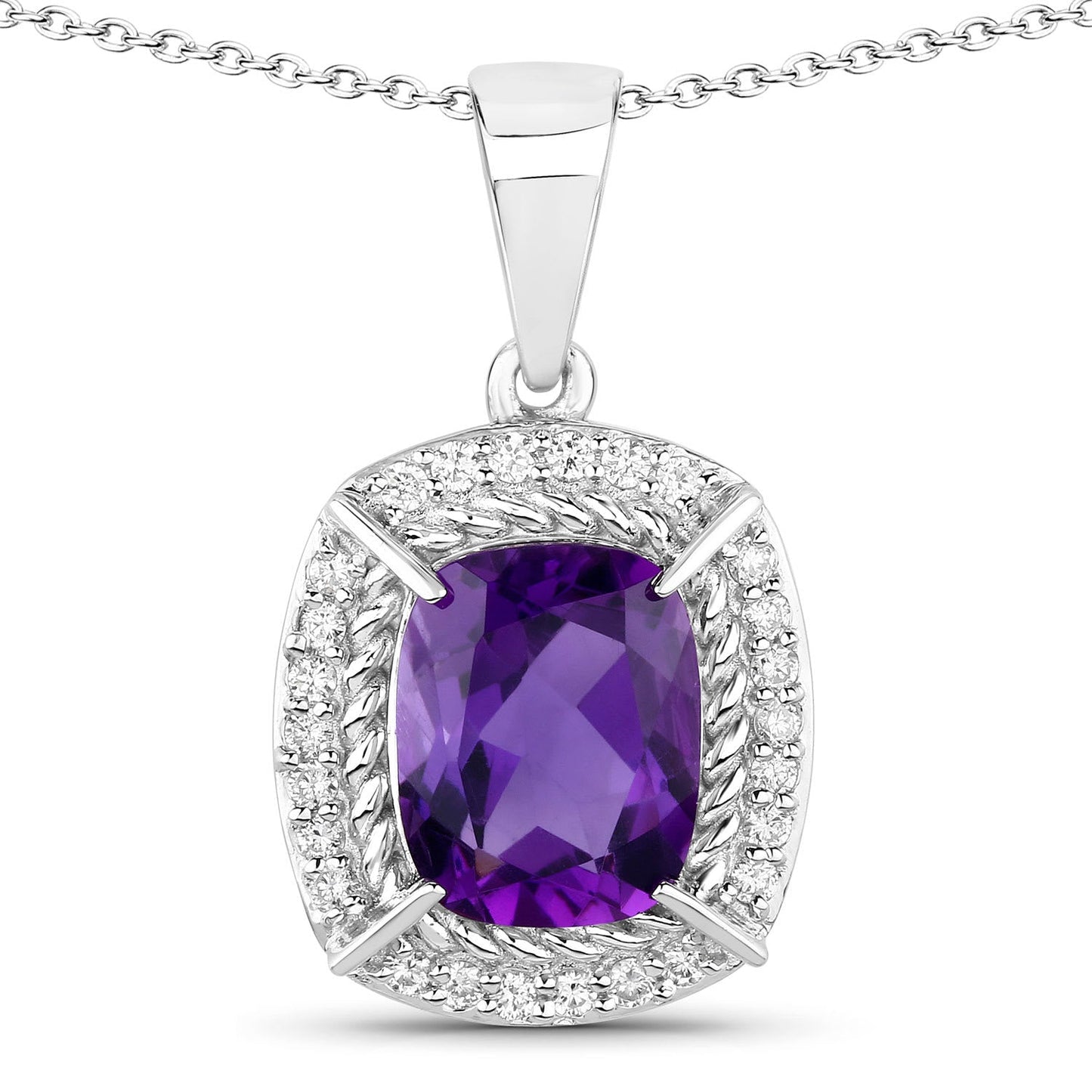 Genuine Purple Amethyst and Lab Diamond Silver Halo Necklace