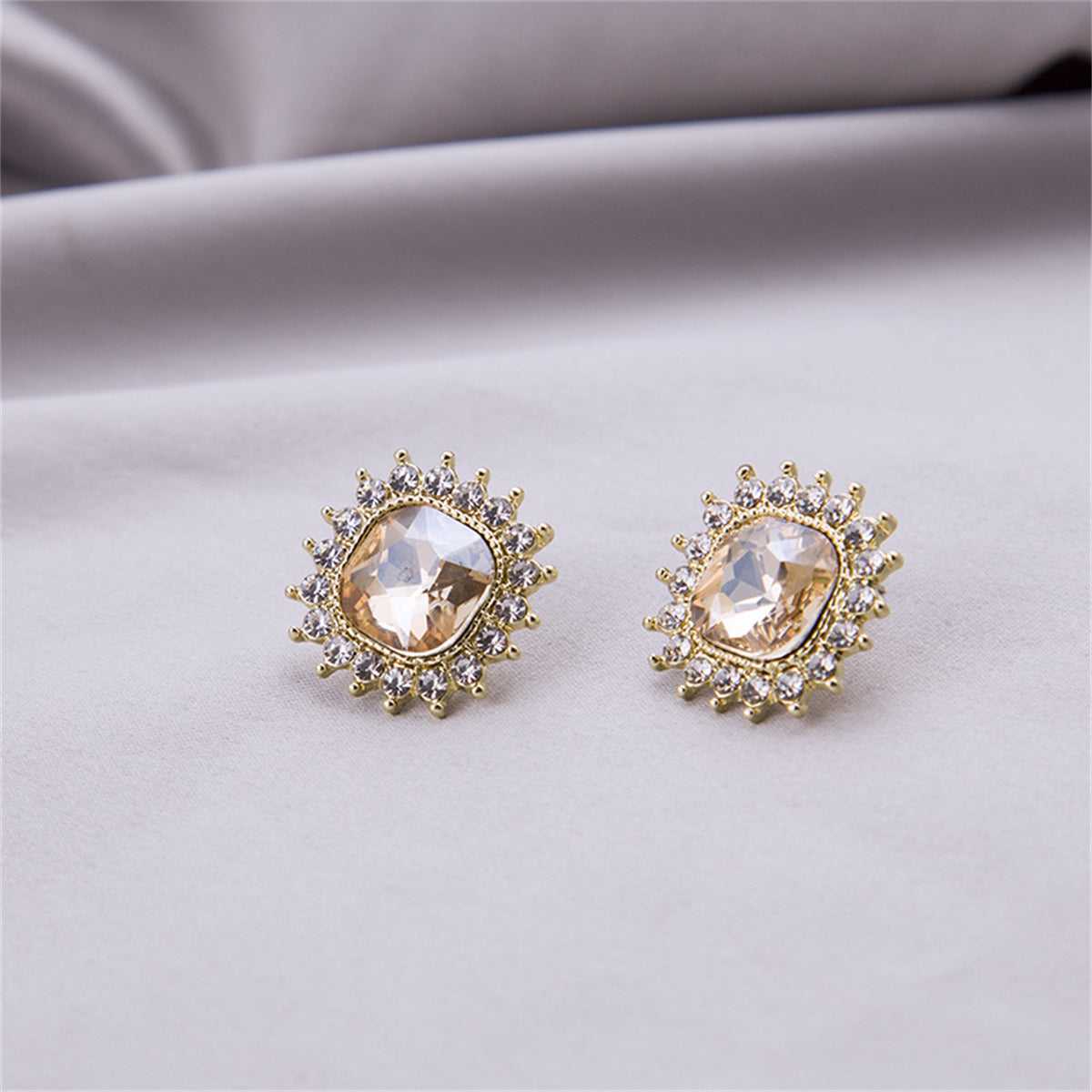 Champagne Crystal & Goldtone Square Halo Stud Earrings