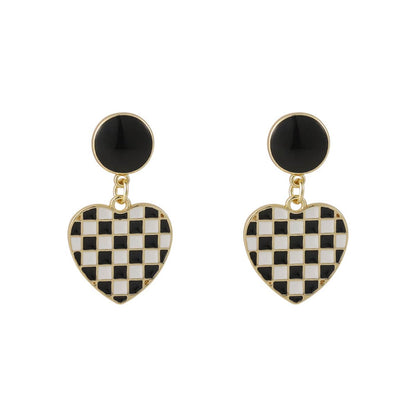 Black & White Enamel Checkerboard Tiered Heart Drop Earrings