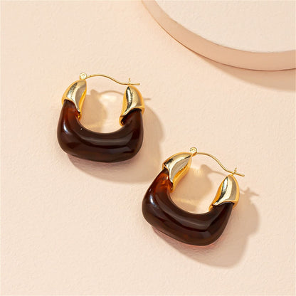 Amber Resin & Goldtone U-Shape Huggie Earring