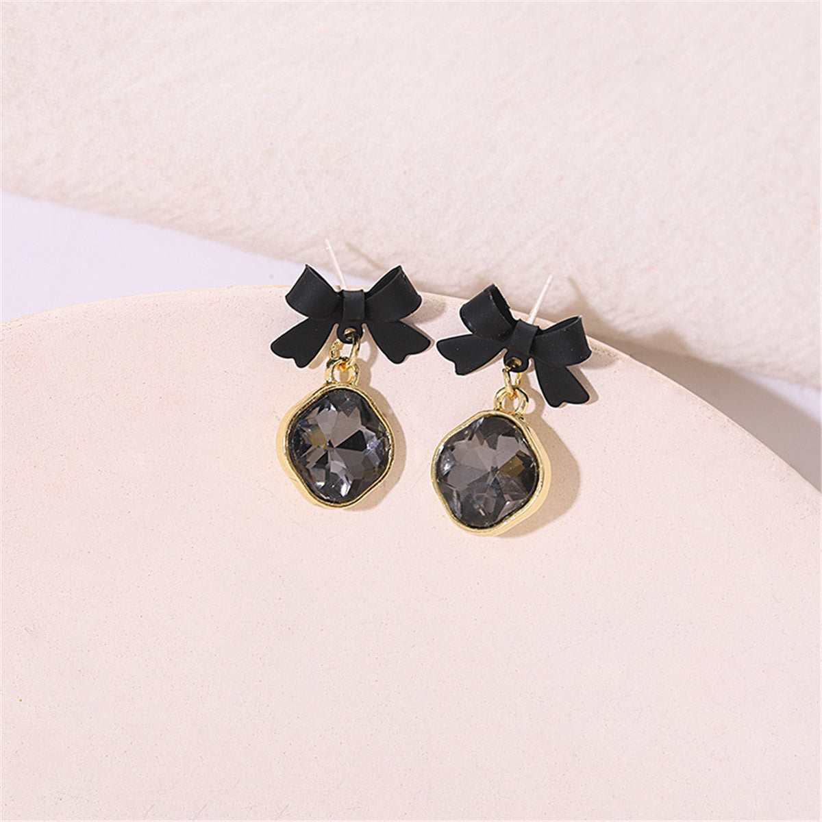 Black Crystal & Goldtone Bow Diamond Drop Earrings