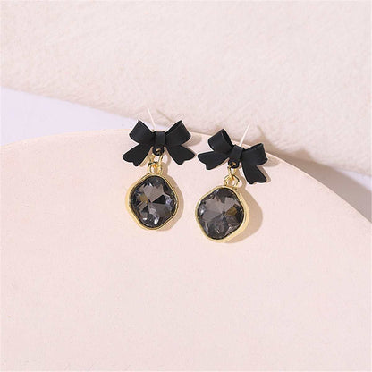 Black Crystal & Goldtone Bow Diamond Drop Earrings