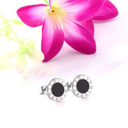 Black Acrylic & Silvertone Roman Numeral Stud Earrings