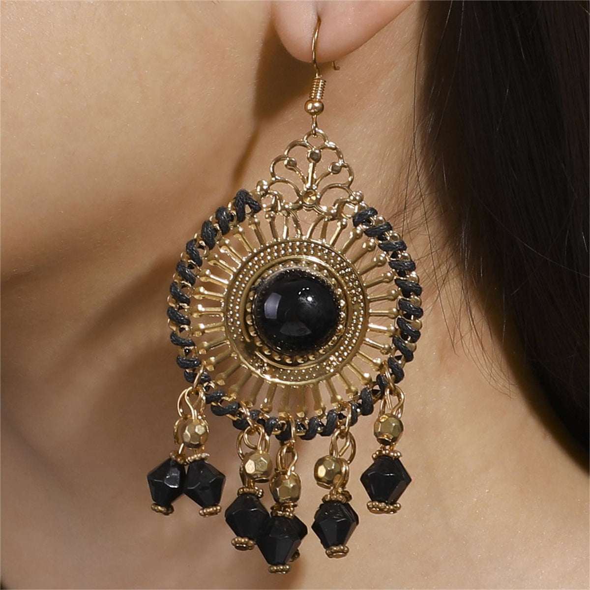 Black Acrylic & Enamel Goldtone Openwork Round Drop Earrings