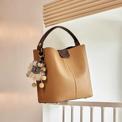 Colorblock Leather Bucket Shoulder Bag