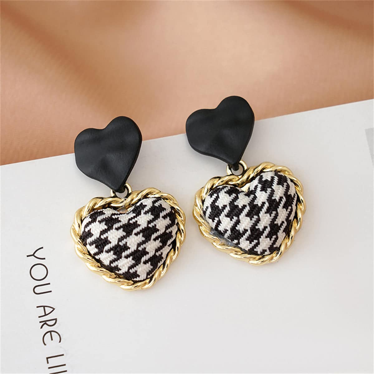 Black Enamel & Polyster Goldtone Checkboard Heart Drop Earrings