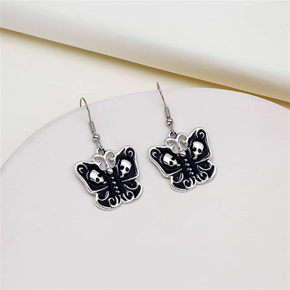 Black & Silvertone Skull Butterfly Drop Earrings