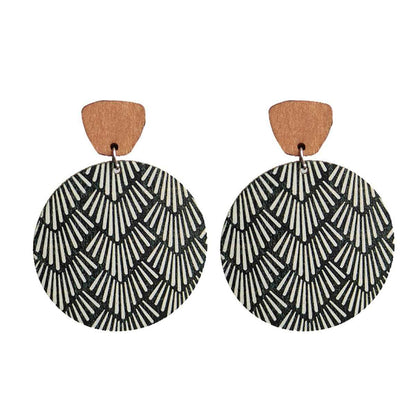 Black Wood & Silvertone Geometric Round Dangle Earrings