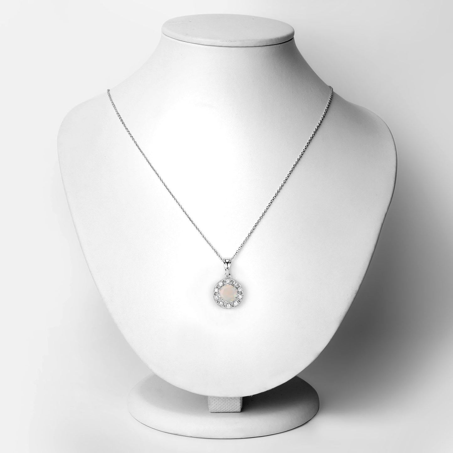 Genuine Ethiopian Opal and Lab Diamond Silver Halo Necklace
