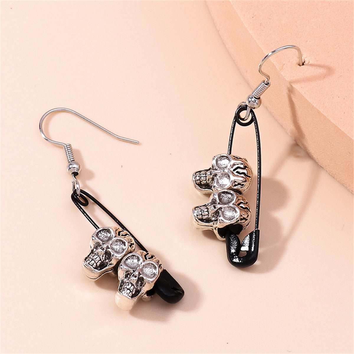 Black & Silvertone Skull Pin Drop Earrings