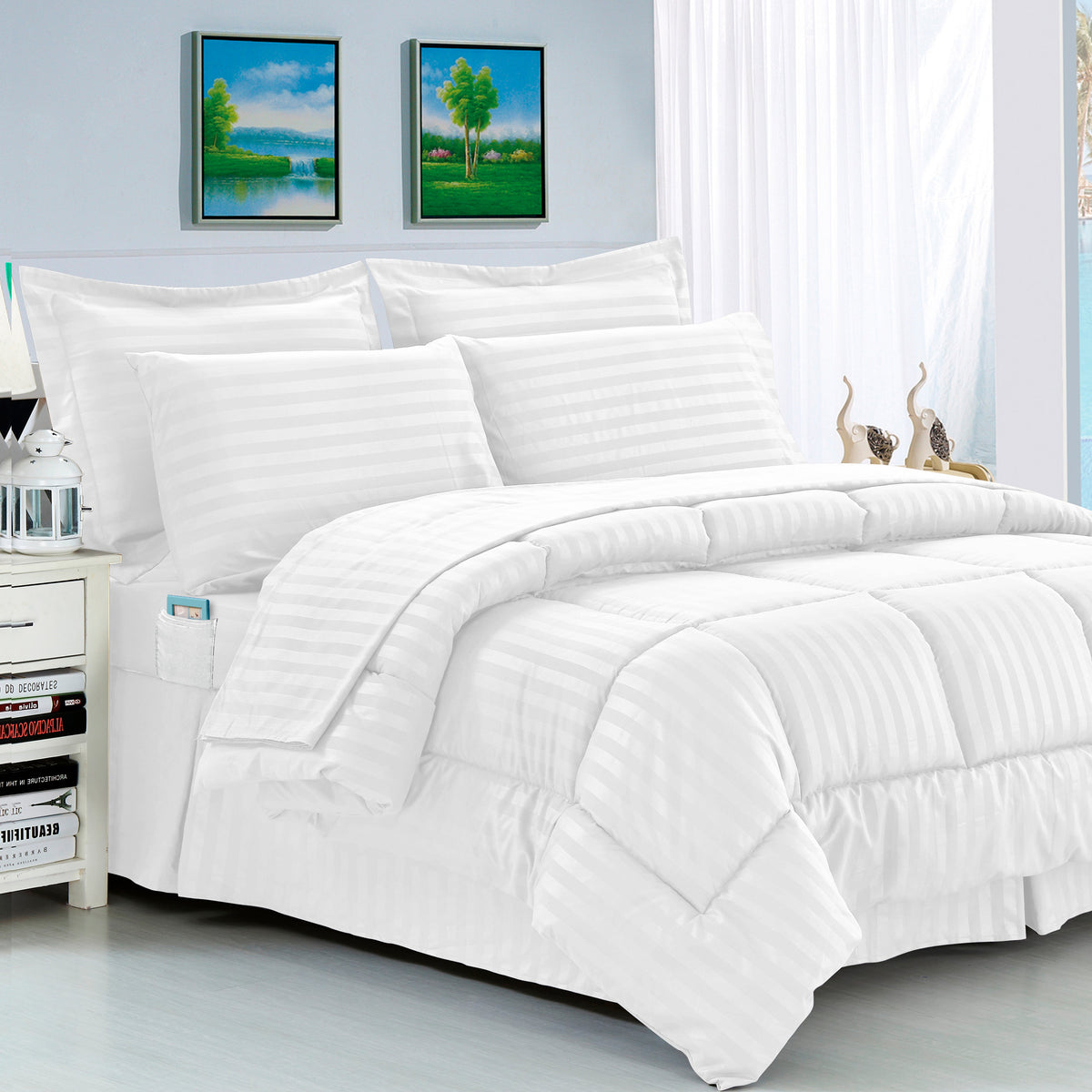 Elegant Comfort 8-Piece Dobby Stripe Comforter Set - Includes 4-Piece Sheet Set with Double Sided Storage Pockets