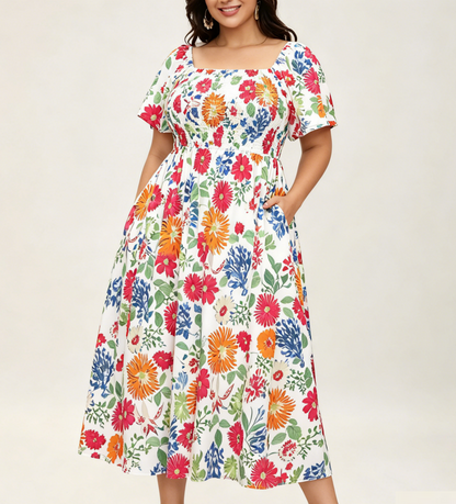 Floral Square Neck Midi Dress with Pockets