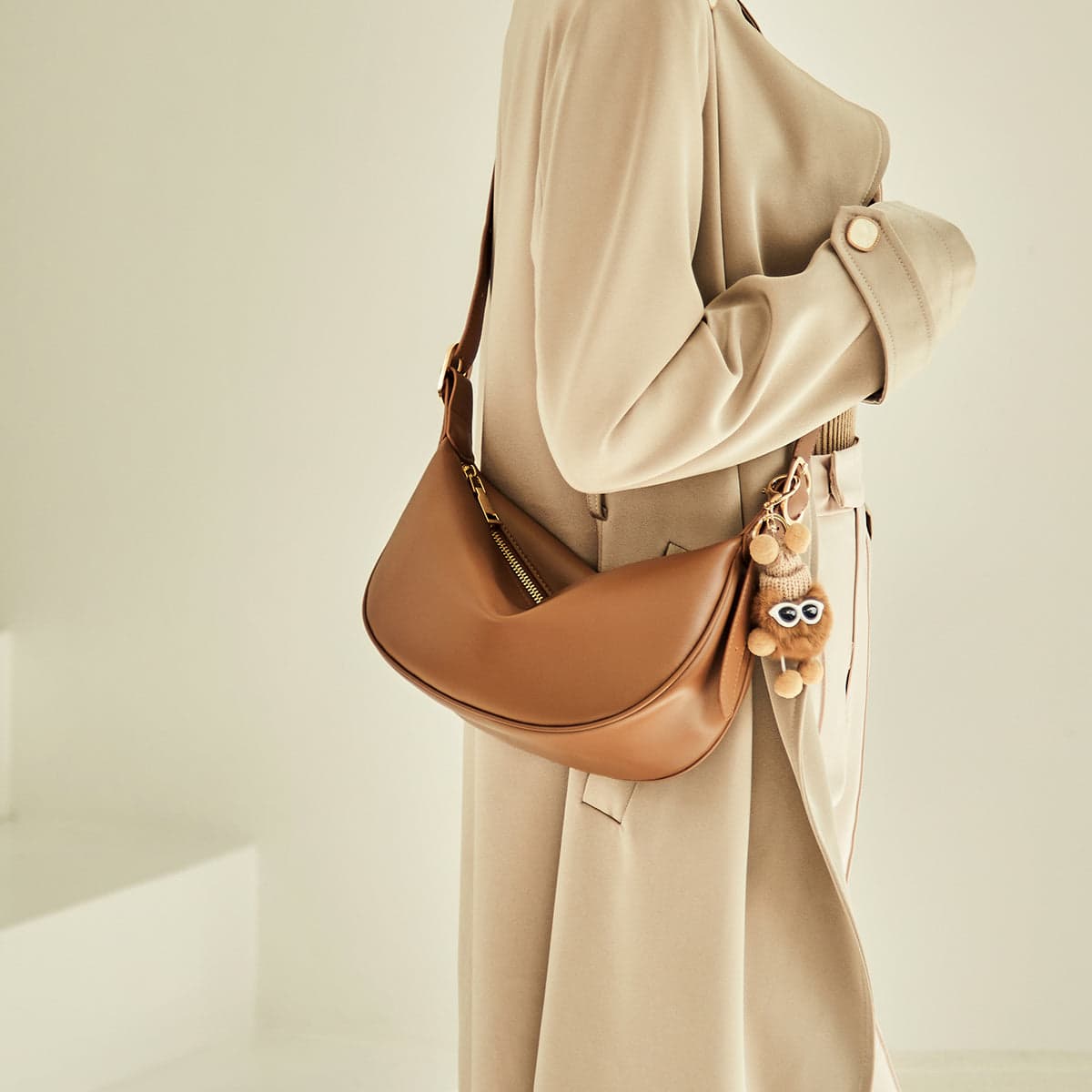 Crescent Leather Crossbody Shoulder Bag with Bear Charm