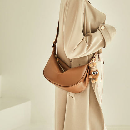Crescent Leather Crossbody Shoulder Bag with Bear Charm