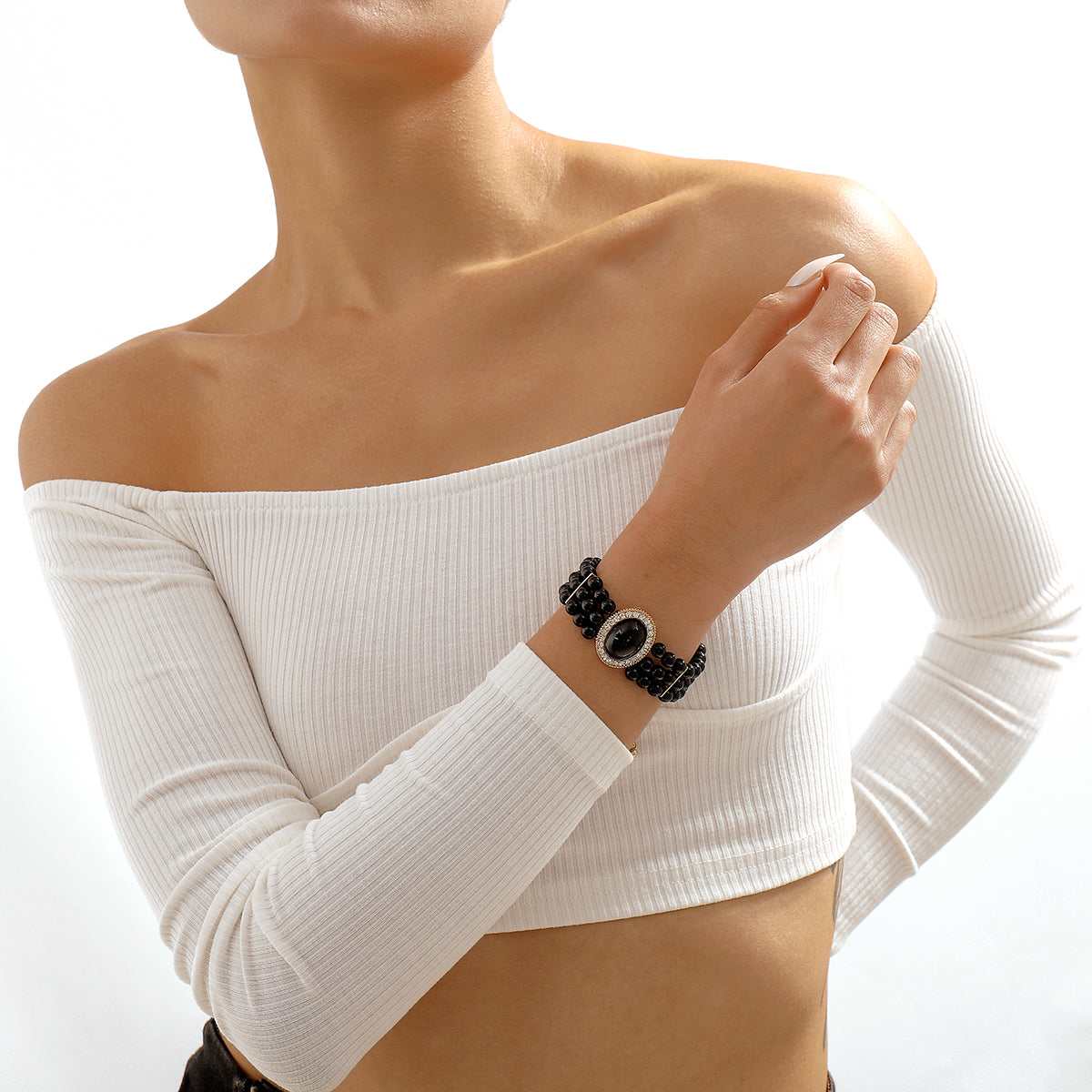 Black Cubic Zirconia & Goldtone Oval Layered Bracelet