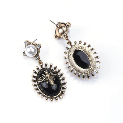 Black Crystal & Pearl Goldtone Bee Drop Earrings