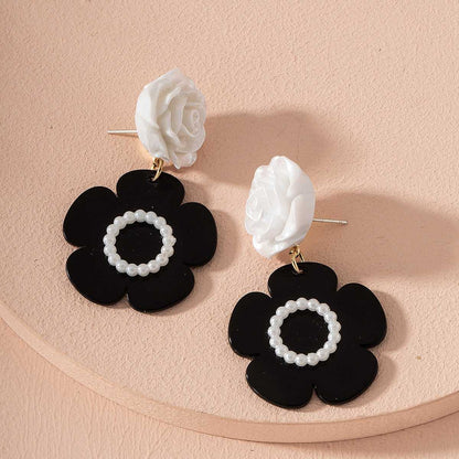 Black Acrylic & White Resin Pearl Silvertone Flower Drop Earrings