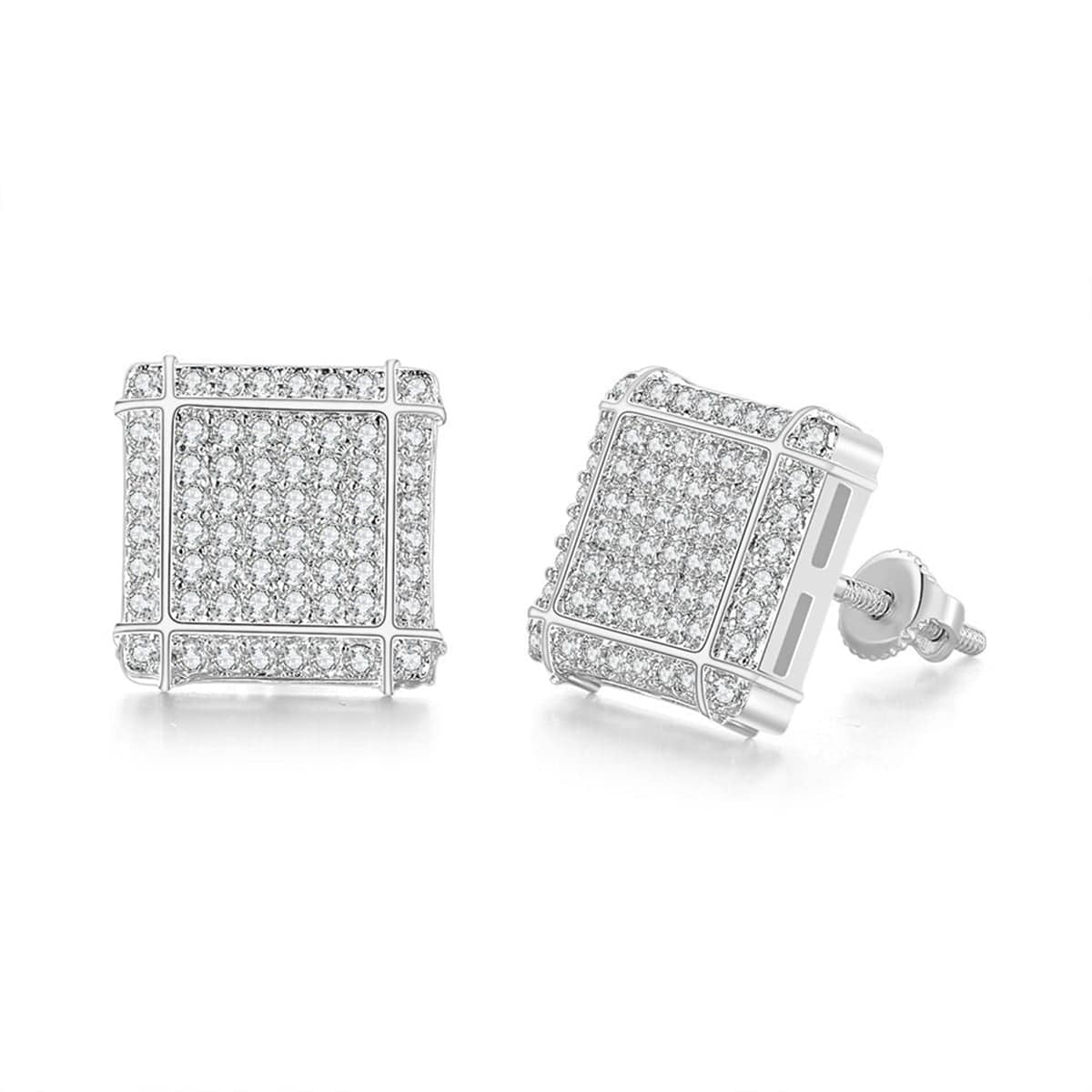 Cubic Zirconia & Silvertone Grid Square Stud Earrings
