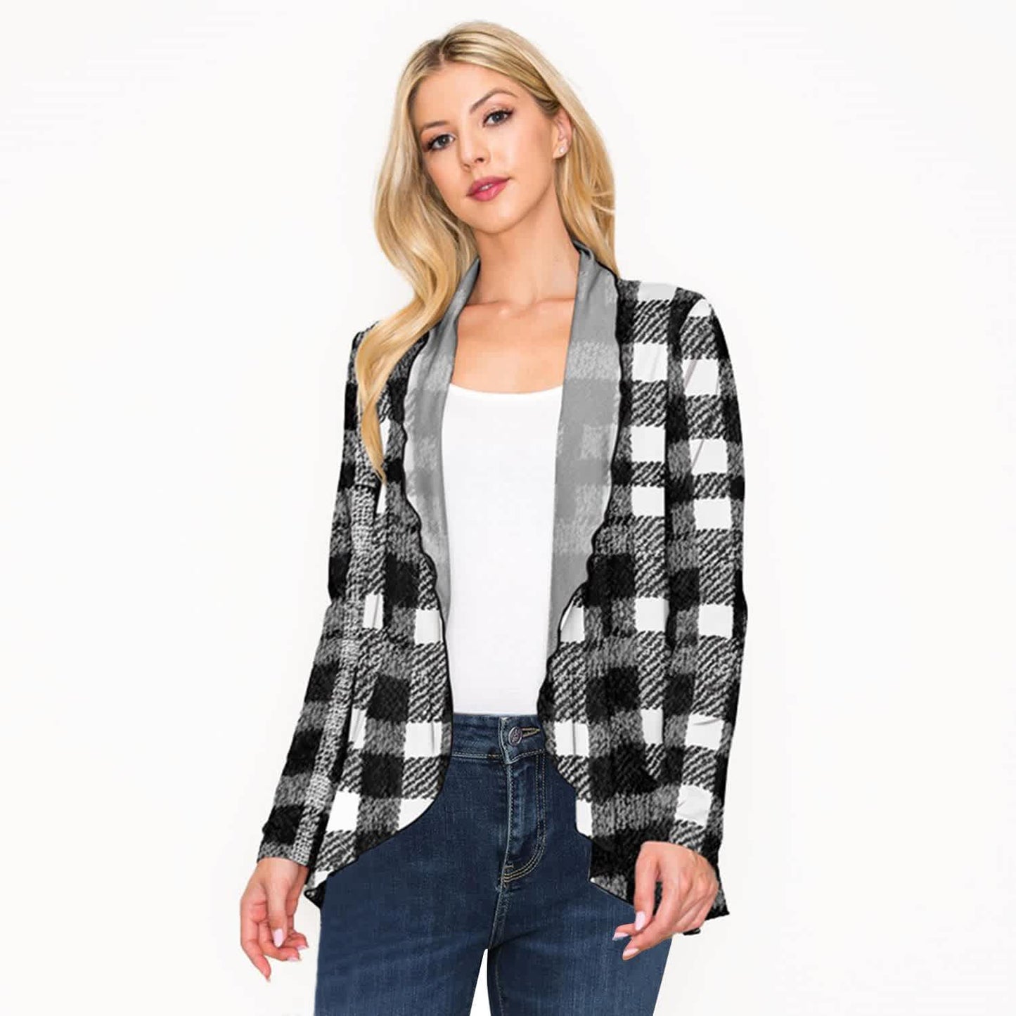 Black & White Plaid Print Open Front Long Sleeve Cardigan