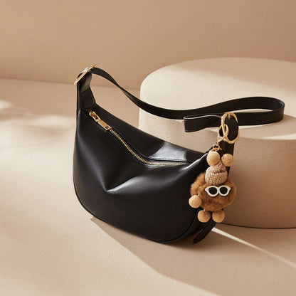 Crescent Leather Crossbody Shoulder Bag with Bear Charm