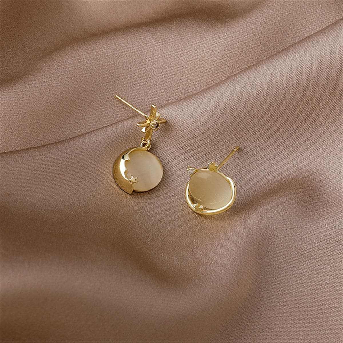 Cat-eye & Goldtone Planet Stud Earring & Moon Drop Earring