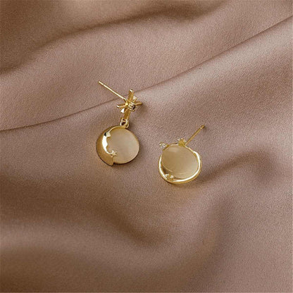 Cat-eye & Goldtone Planet Stud Earring & Moon Drop Earring
