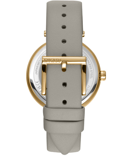 Dkny Women Watch, Gold Color Case, Silver White Dial, Grey Leather Strap, 3 Hands, 5 Atm