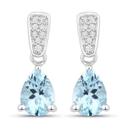 Genuine Silver and Aquamarine Lab Diamond Dangle Earrings