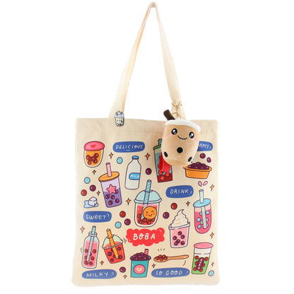 Cream Boba Tote Bag – Cute Gift with Keychain & Enamel Pin