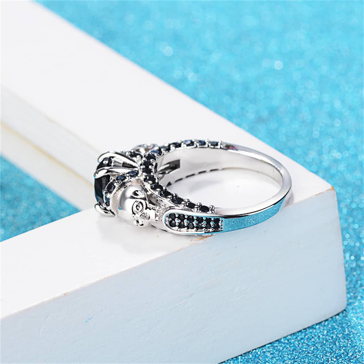 Black Crystal & Silvertone Skull Rose Ring