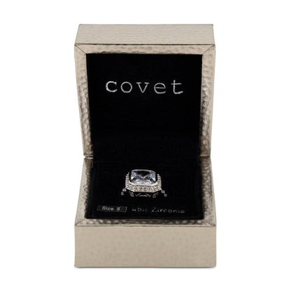 Covet Rhodium Plated Cubic Zirconia Large Square Cut Silver Ring - Size S