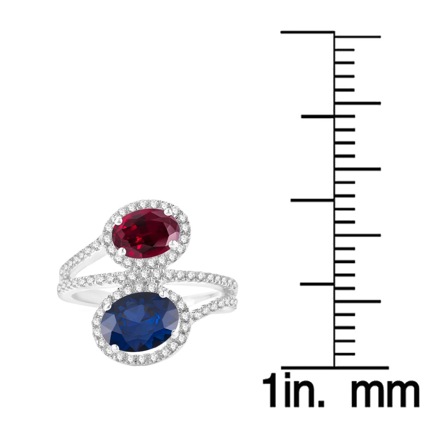 Blue Sapphire and Ruby Sterling Silver Halo Bypass Ring