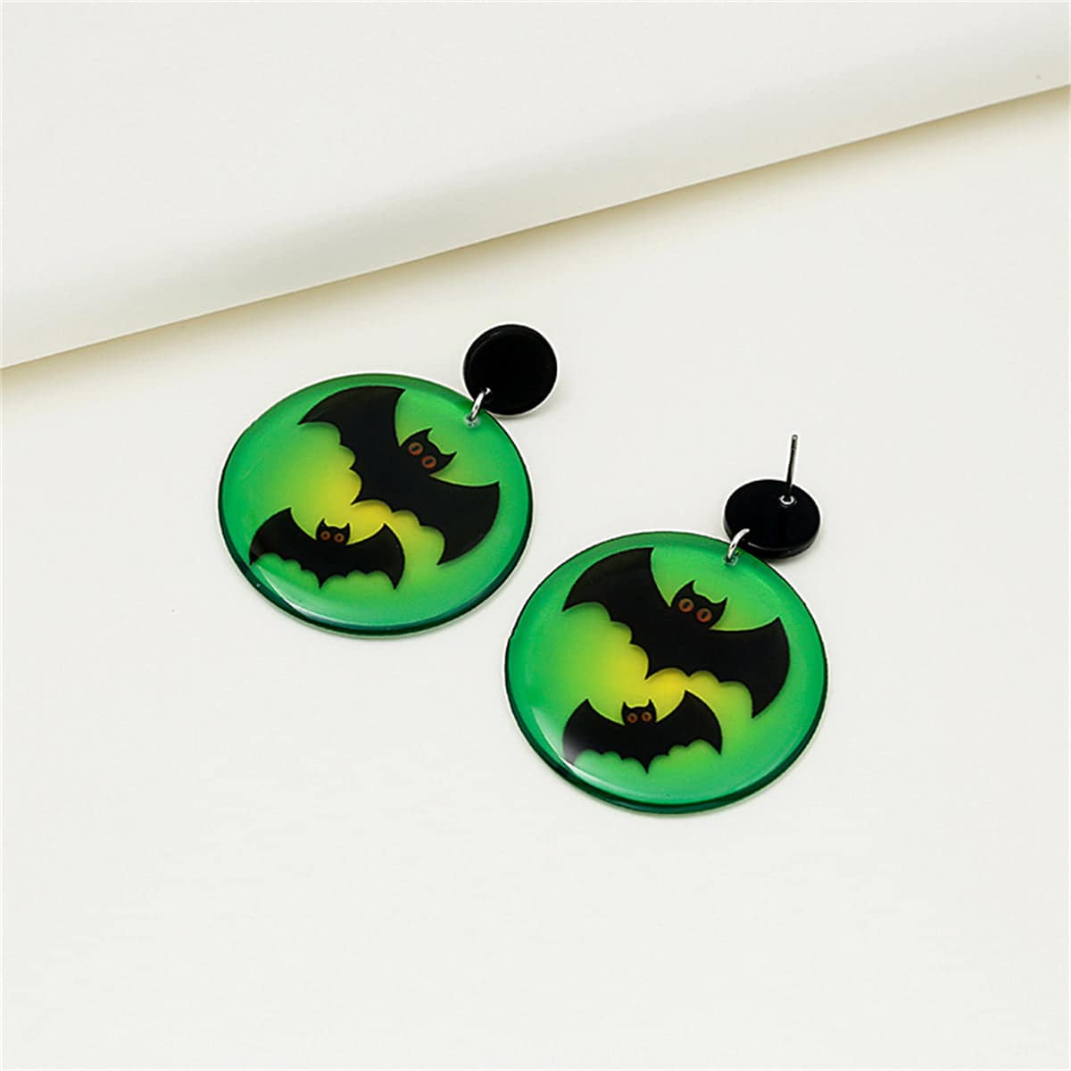 Black & Green Acrylic Silvertone Bat Drop Earrings