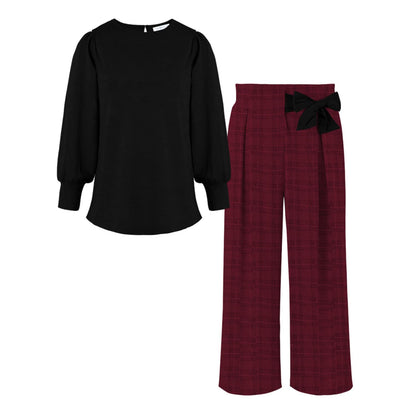 Black Bishop-Sleeve Top & Burgundy Plaid Wide-Leg Pants