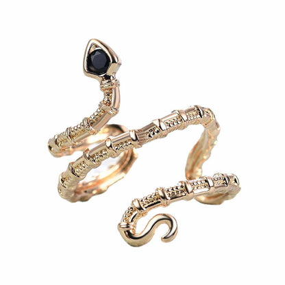 Black Cubic Zirconia & Goldtone Snake Layered Open Ring