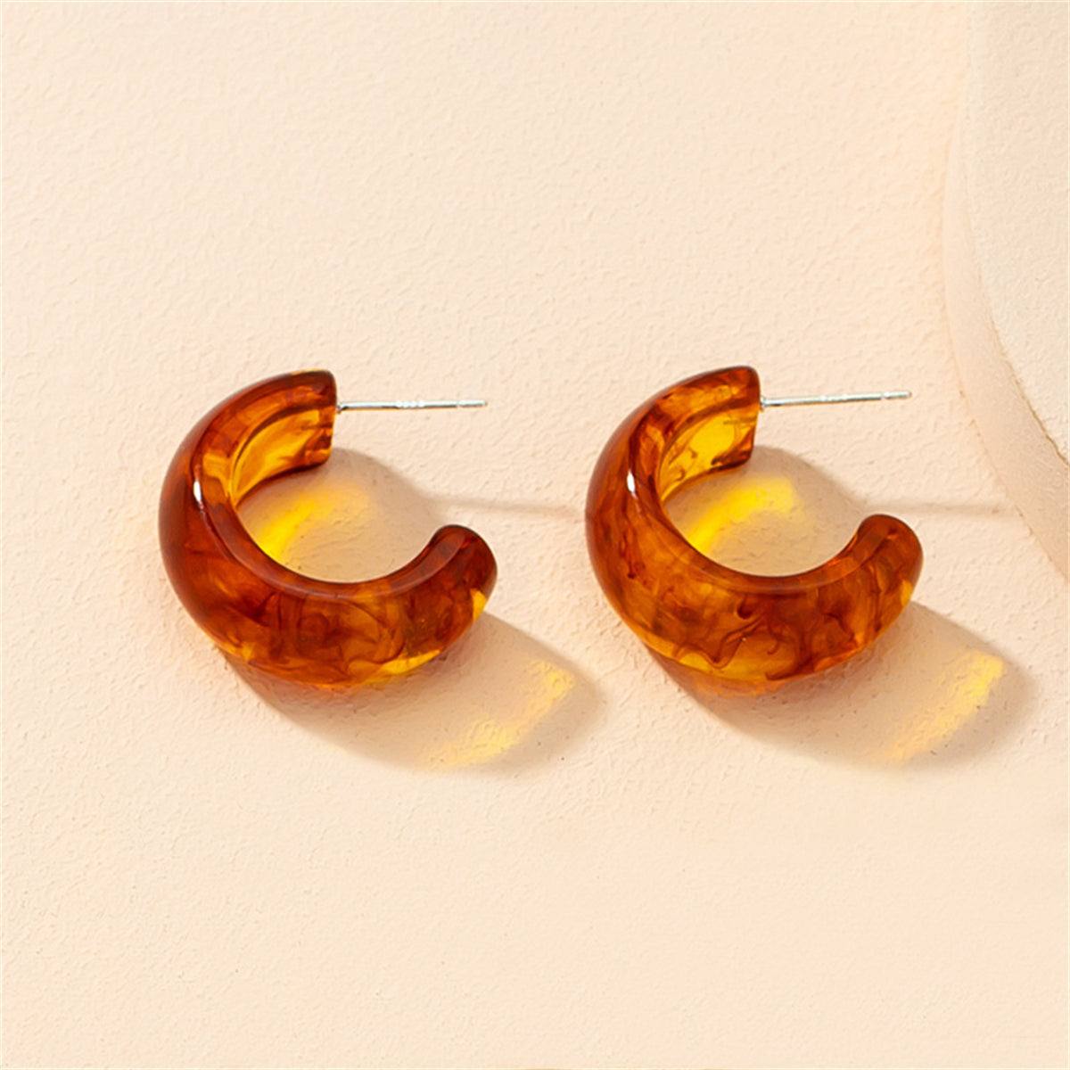 Amber Resin & Silvertone Huggie Earrings